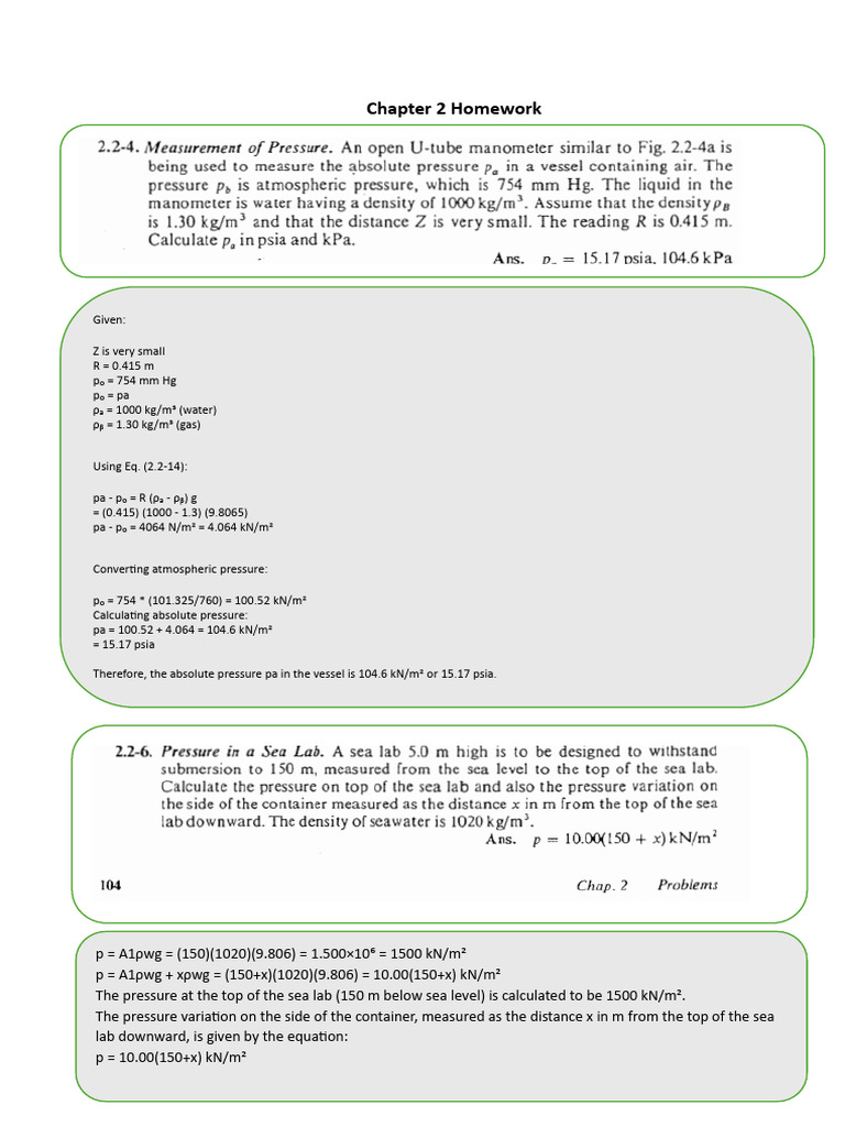 Fluid Mechanics Homework Solutions | PDF | Pressure | Fluid Dynamics
