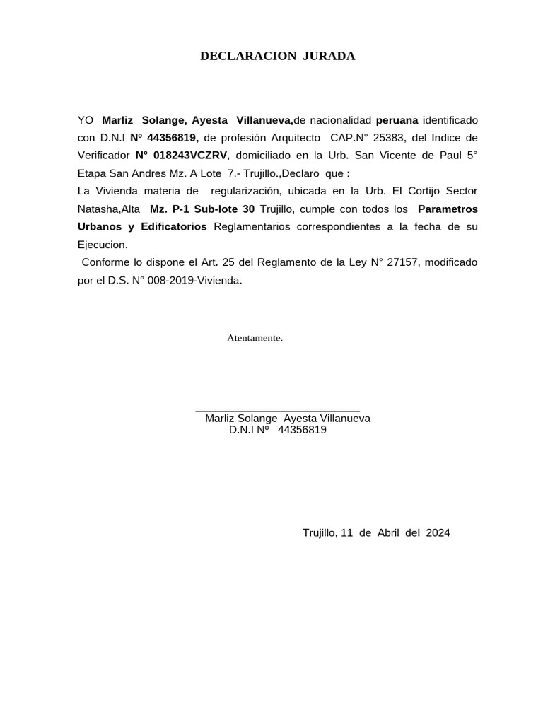 Declar. Jurada - Arquitecta | PDF