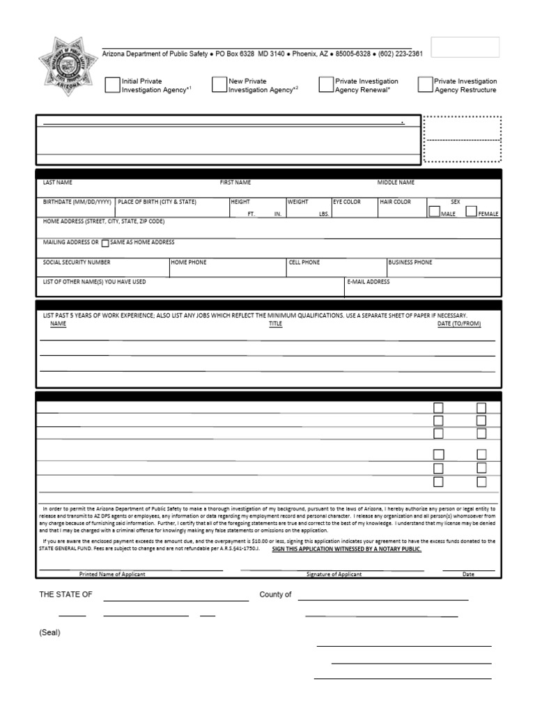 Arizona PI Agency License Application | PDF | Notary Public | Private ...