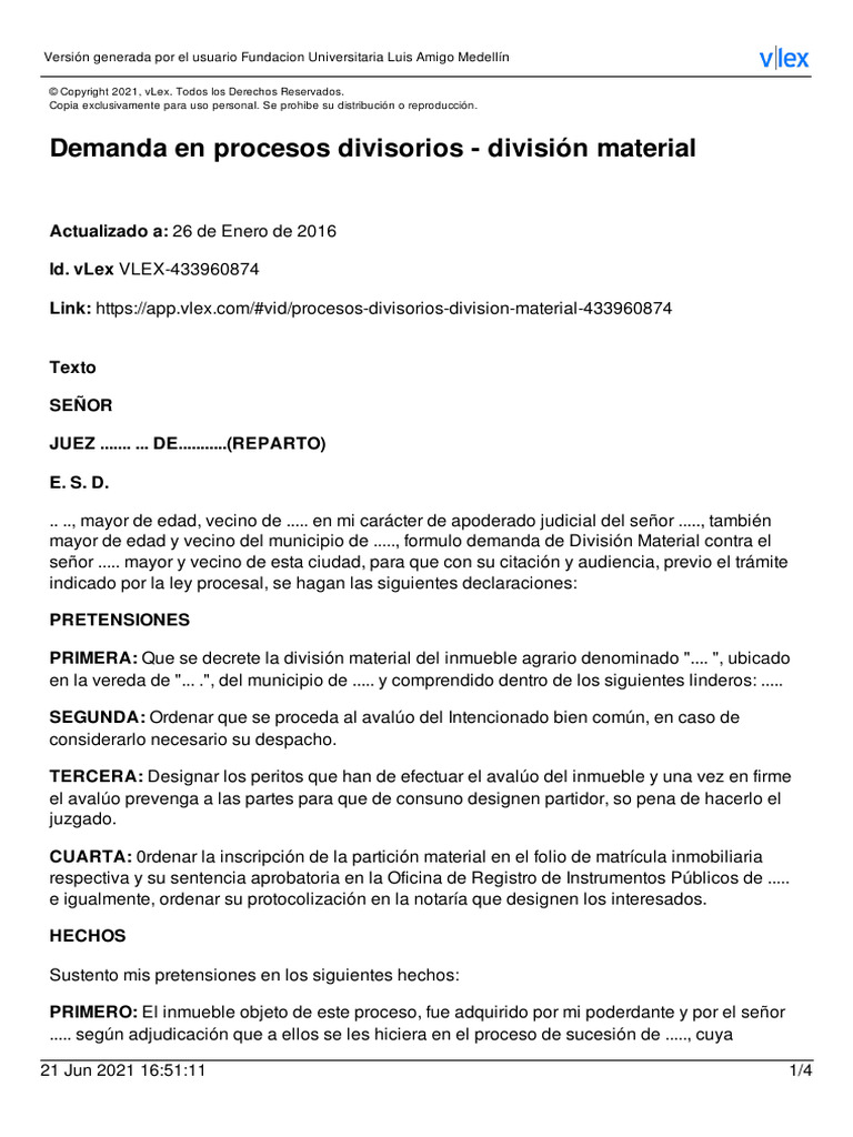 Demanda de División Material Agraria | PDF | Demanda judicial | Ley Pública