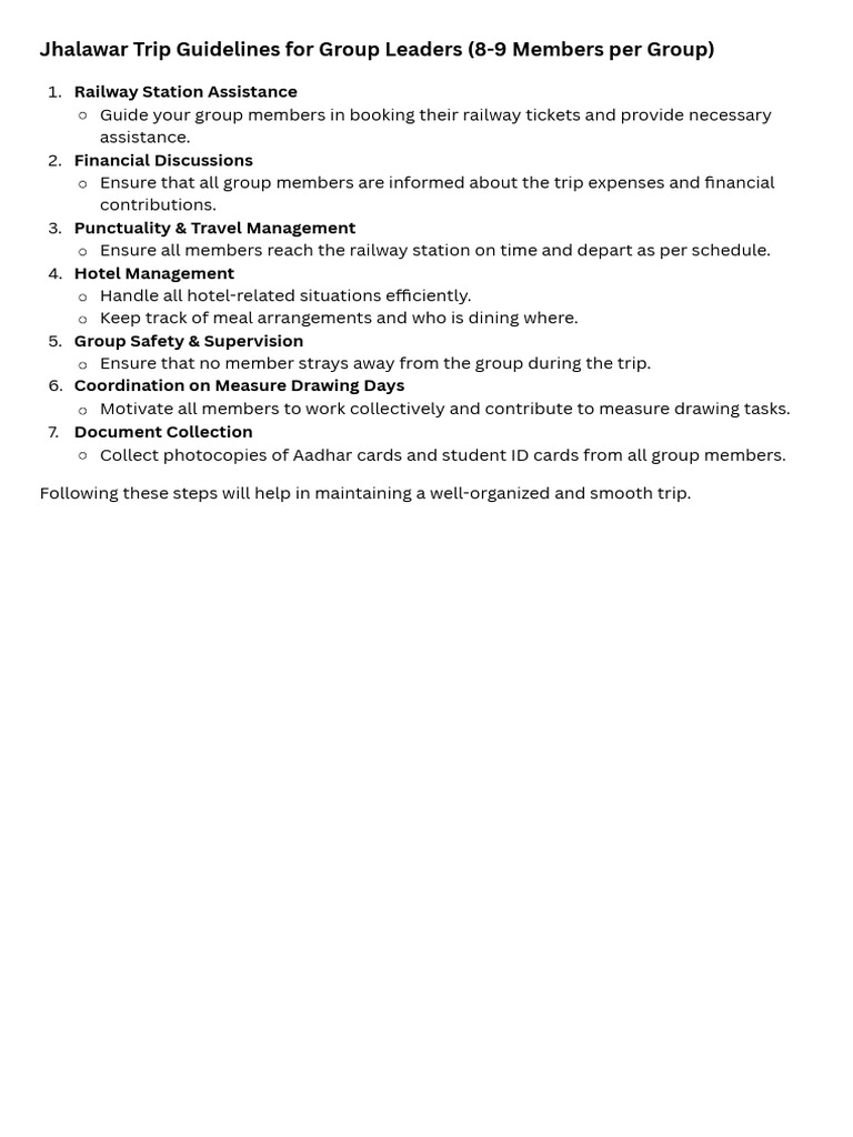 Jhalawar Trip Guidelines For Group Leaders (8-9 Members Per Group) | PDF