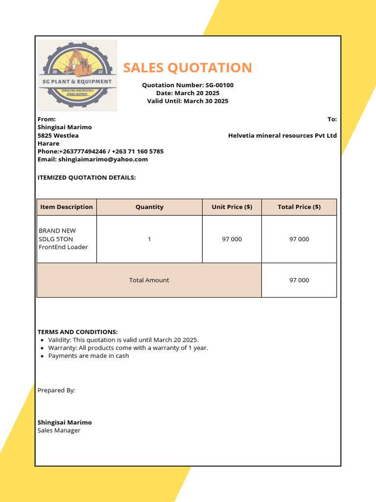 SG Plant and Equipment Brand New Frontend Loader Quotation | PDF
