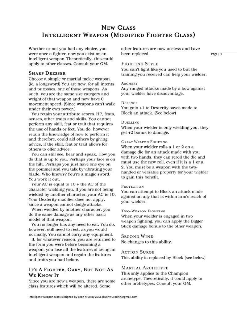Intelligent Weapon - Altered Fighter Class (5E) | PDF