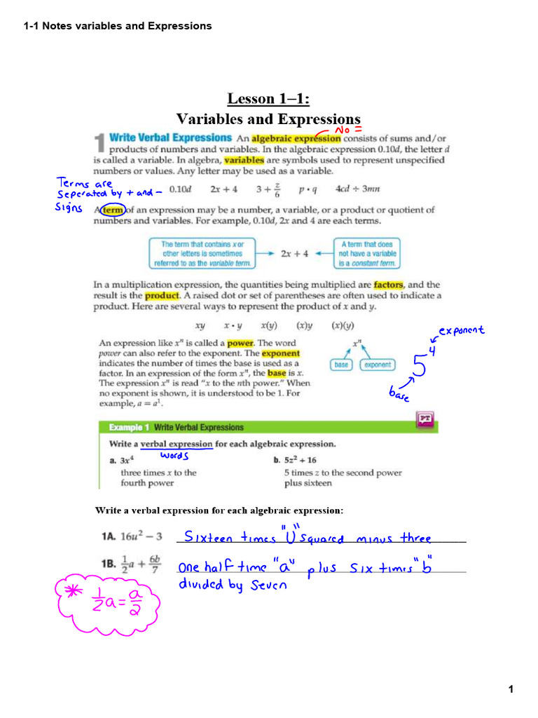 1-1 Notes Variables and Expressions | PDF