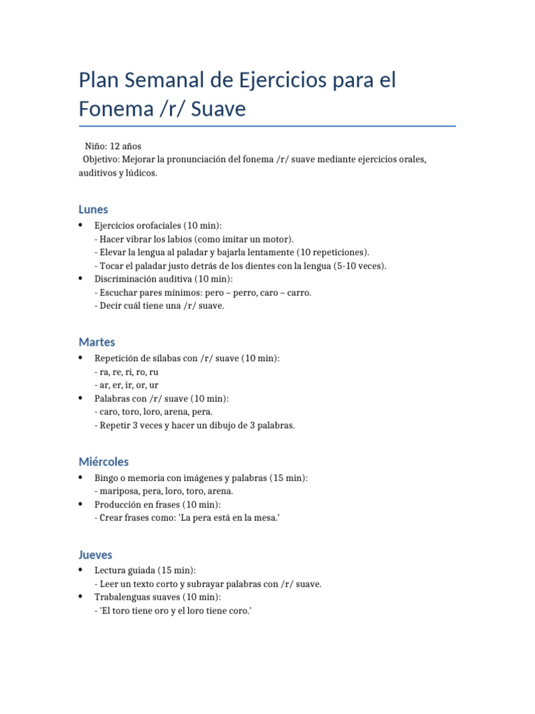 Ejercicios Semanales para Pronunciar /r/ Suave | PDF