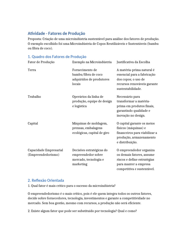 Microindústria Sustentável: Fatores de Produção | PDF | Inovação ...