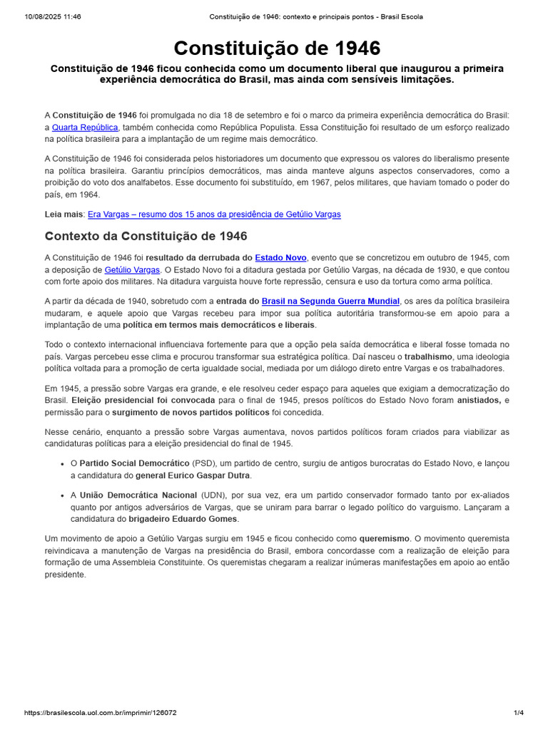 Contexto da Constituição de 1946 | PDF | Brasil | Democracia