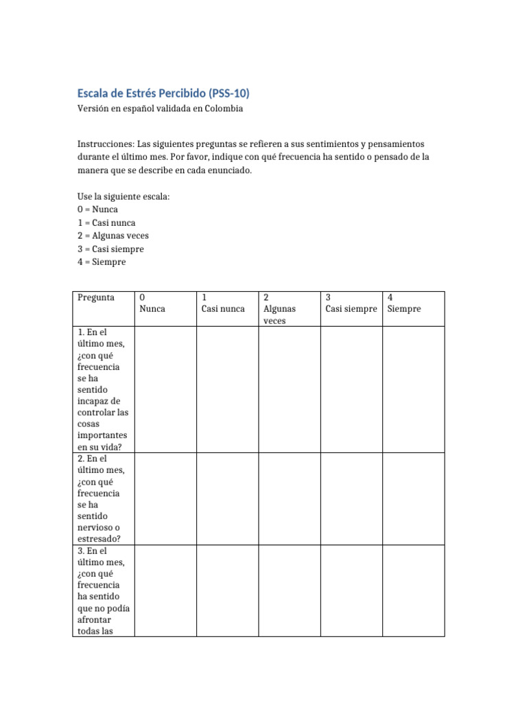 Escala PSS-10 de Estrés Percibido | PDF