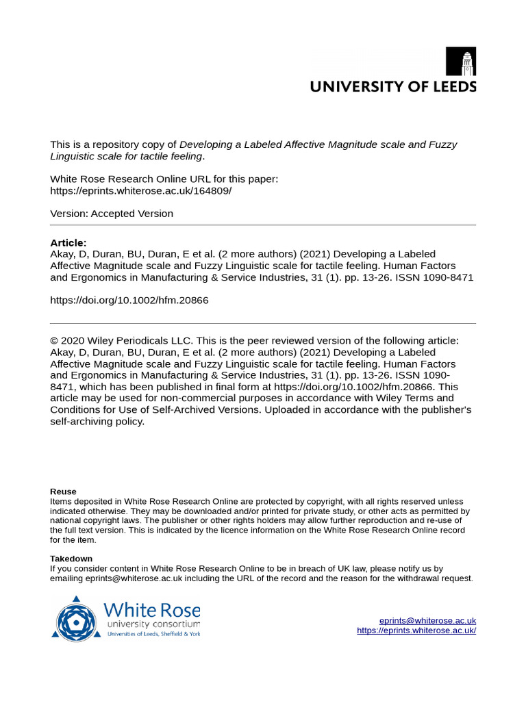 Affective Magnitude & Fuzzy Scale for Tactile | PDF | Fuzzy Logic ...