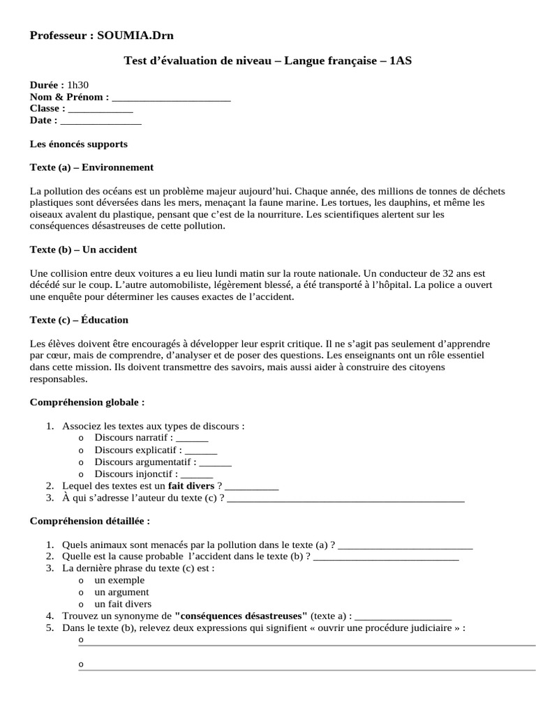 Test d'évaluation en français 1AS | PDF | la pollution