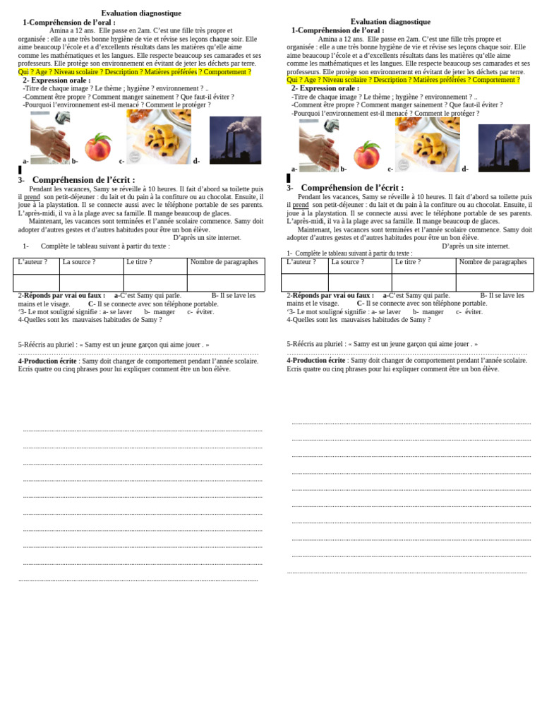Évaluation Diagnostique : Comportement Scolaire | PDF