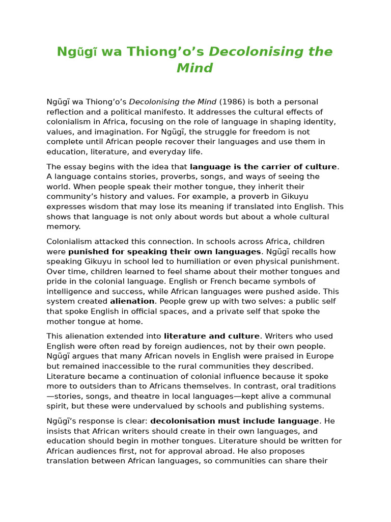 Ngũgĩ wa Thiong’o Language and Decolonization PDF Liberal Arts