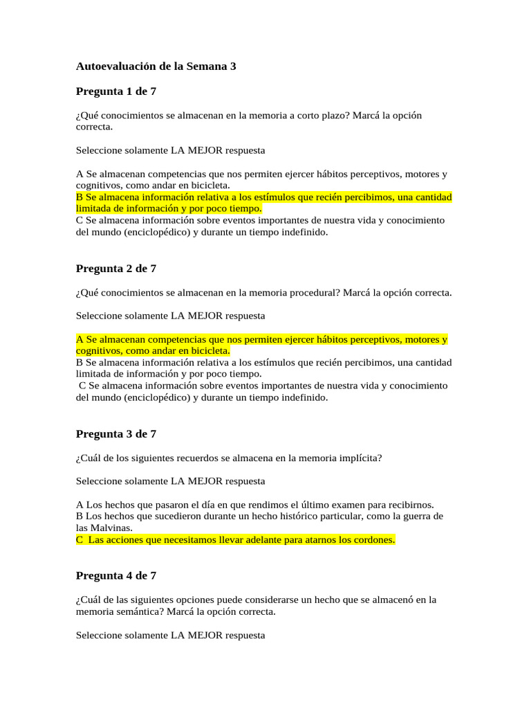 Autoevaluación de La Semana 3 | PDF | Memoria | Información