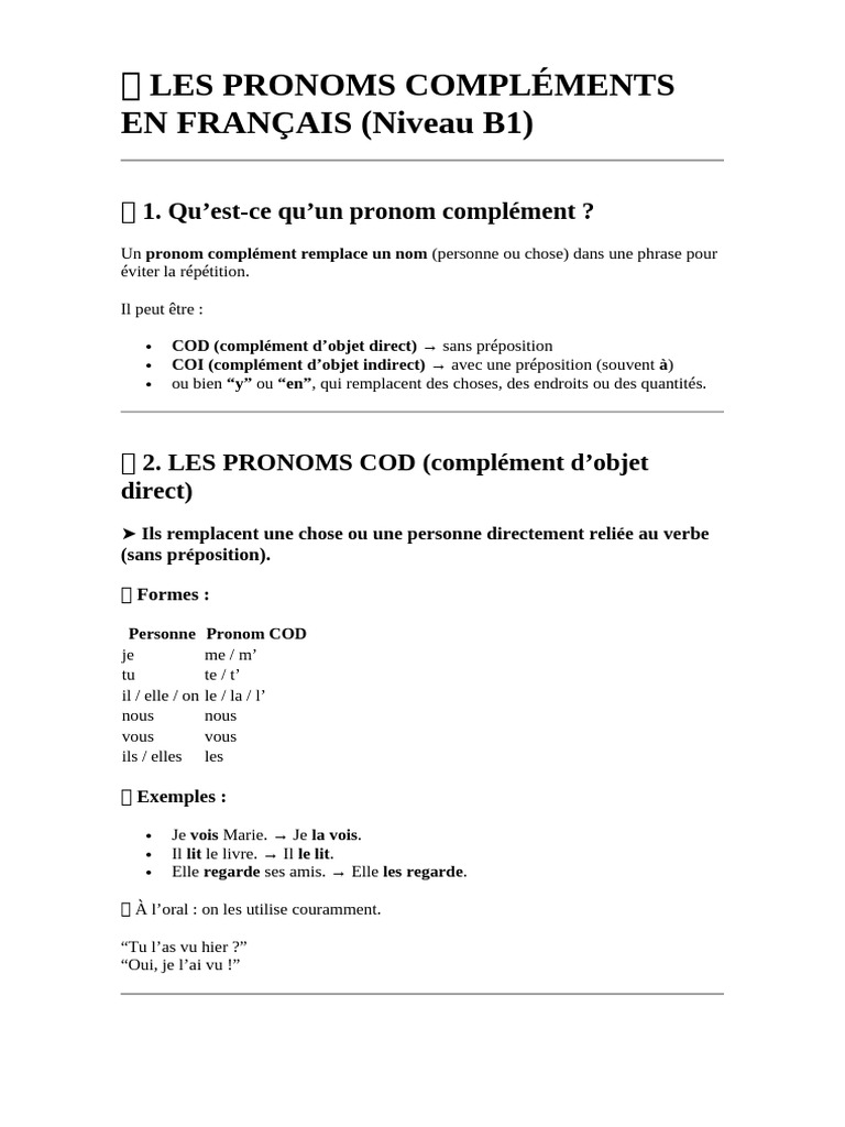 Pronoms Compléments en Français B1 | PDF | Complément d'objet ...