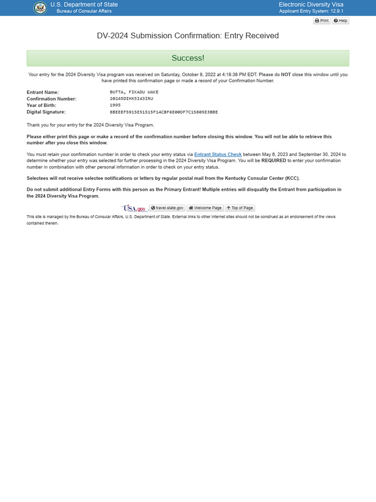DV-2024 Entry Confirmation Received | PDF | Travel Visa | Human Migration