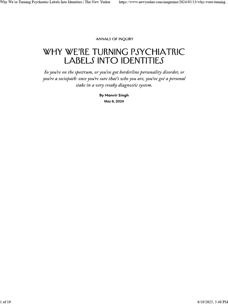 Psychiatric Labels as Identities Explained | PDF