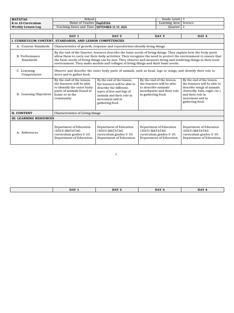 Science 3 Matatag DLL - q2 - w4 | PDF | Beak | Learning