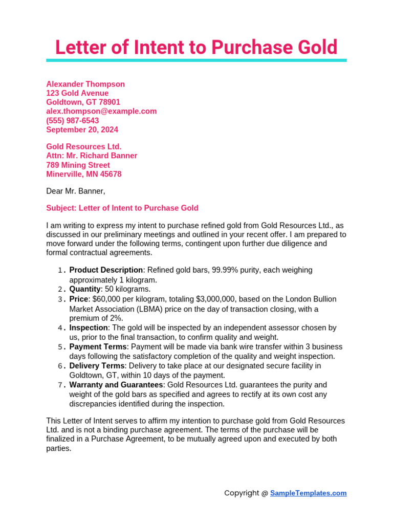 Intent to Purchase Refined Gold | PDF