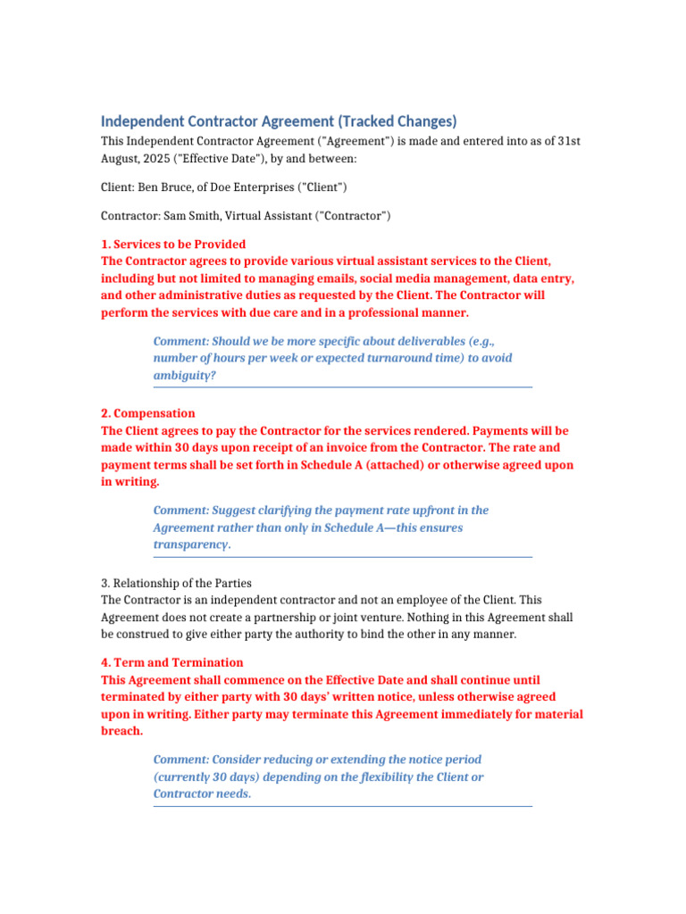 Independent Contractor Agreement Tracked Comments | PDF | Employment ...