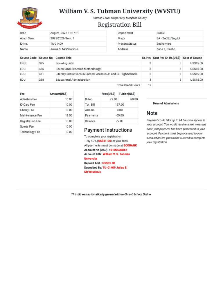 WVSTU Registration Bill for Julius McVelucious | PDF | Fee | Payments