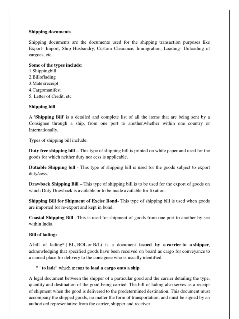 Shipping Documents Letter Of Credit Cargo