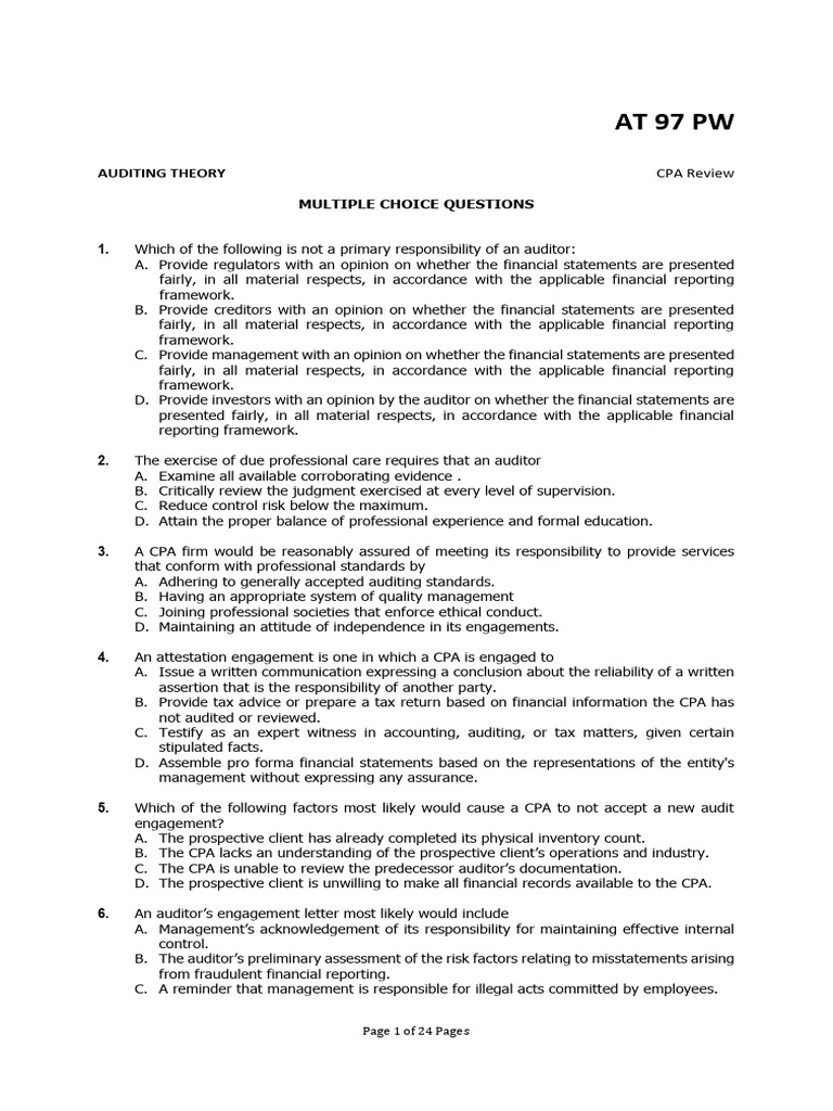 CPA Auditing Theory MCQs Guide | PDF | Audit | Internal Control