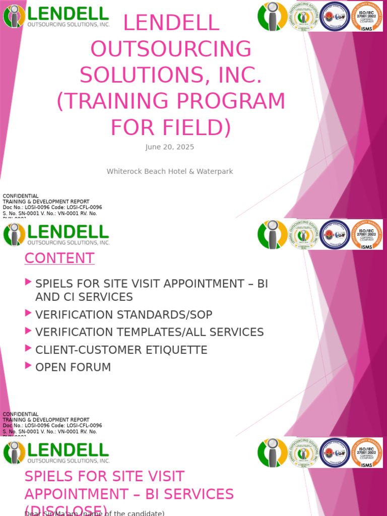 Lendell Outsourcing Solutions, Inc. (Training Program For Field) | PDF