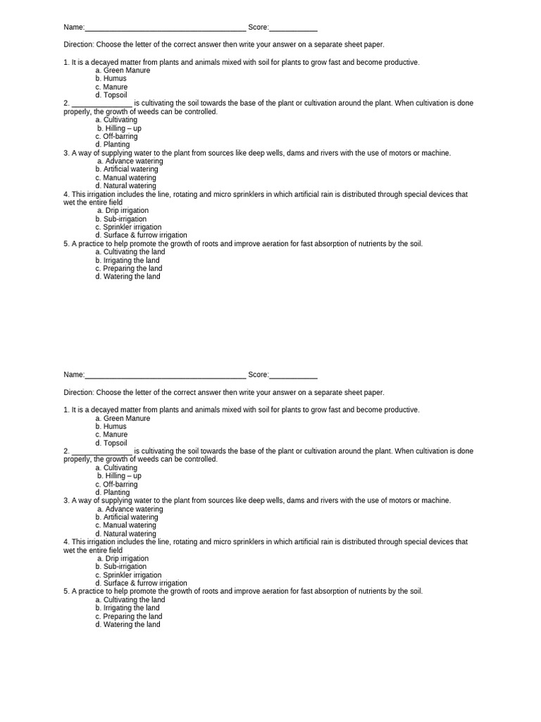 Agriculture Quiz: Soil and Irrigation | PDF | Irrigation | Soil