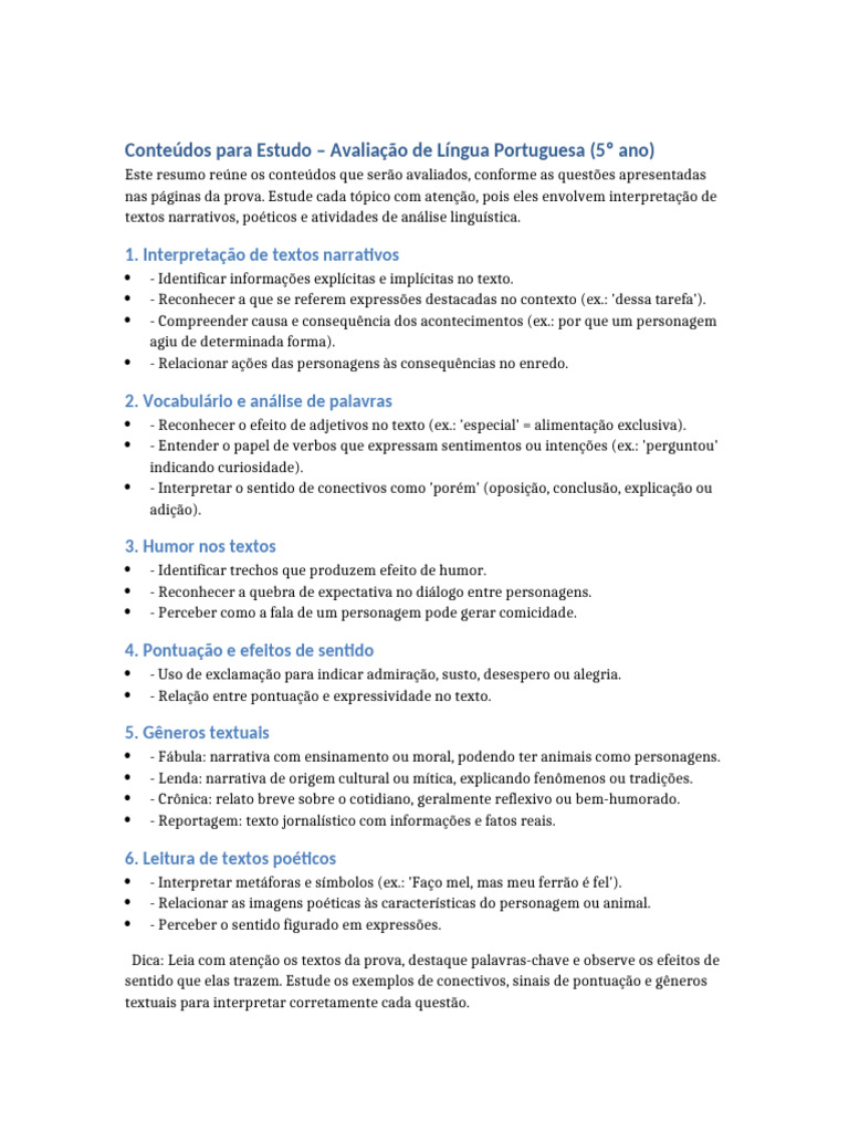 Conteúdos de Português para 5º Ano | PDF