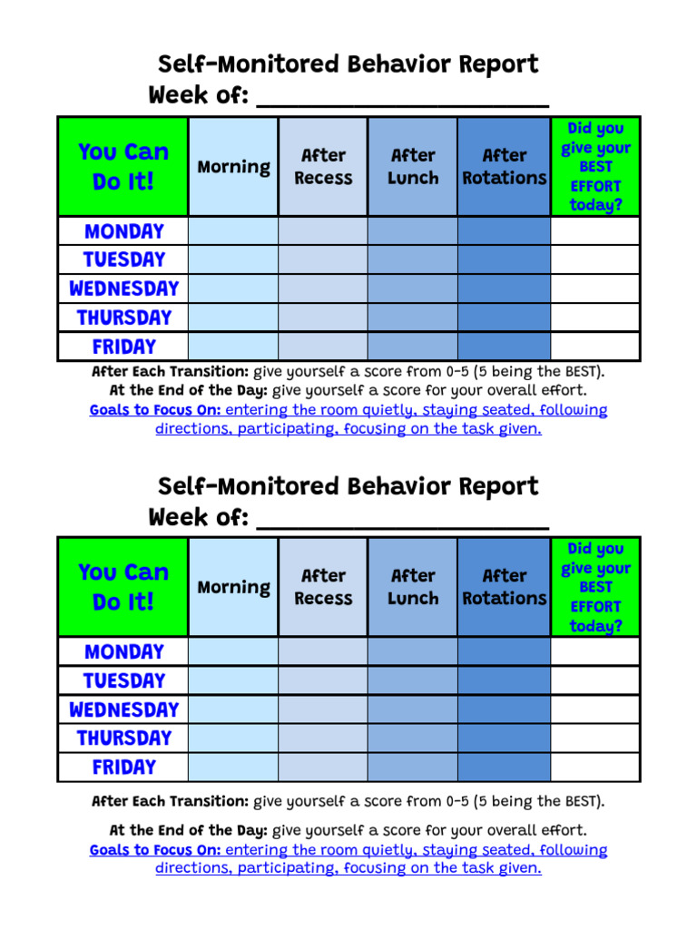 Weekly Self-Monitoring Behavior Report | PDF