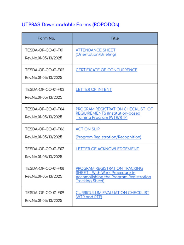 UTPRAS Downloadable Forms List | PDF