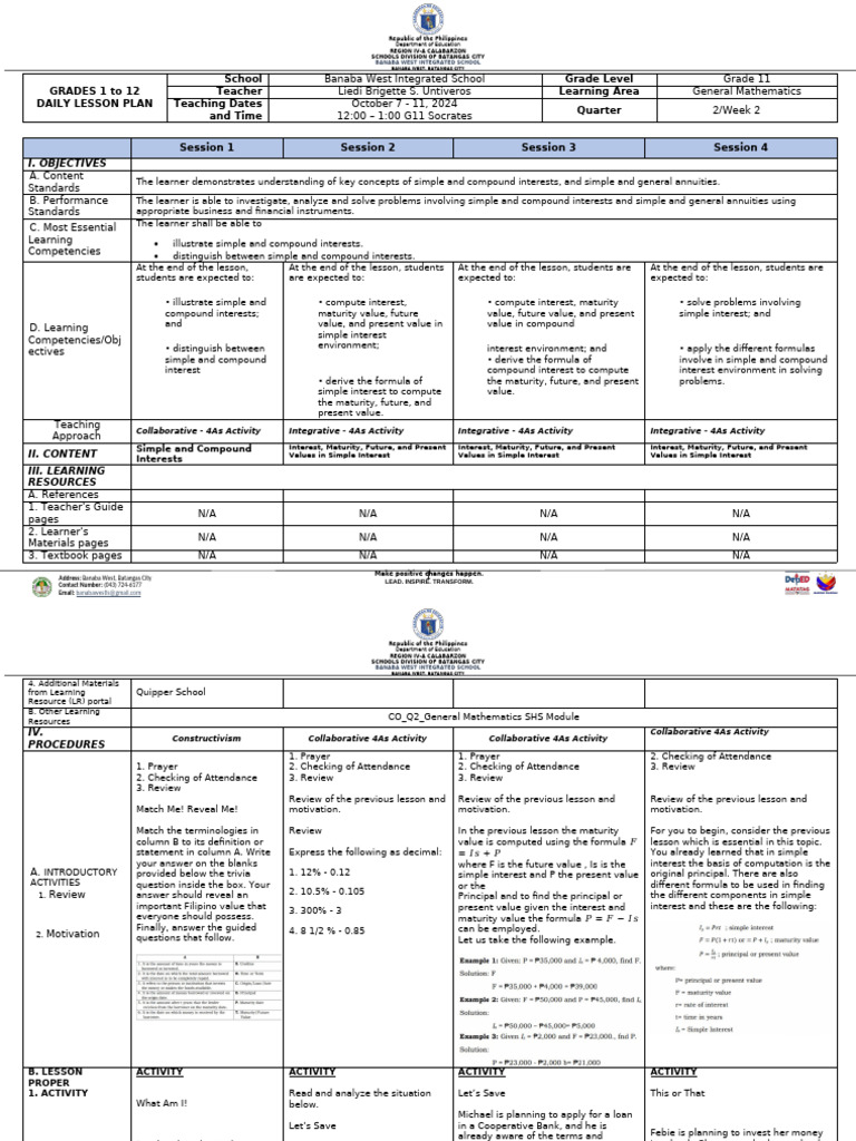 Grade 11 General Math Lesson Plan | PDF | Interest | Present Value