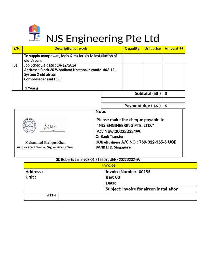 Aircon Installation Invoice - NJS Engineering | PDF