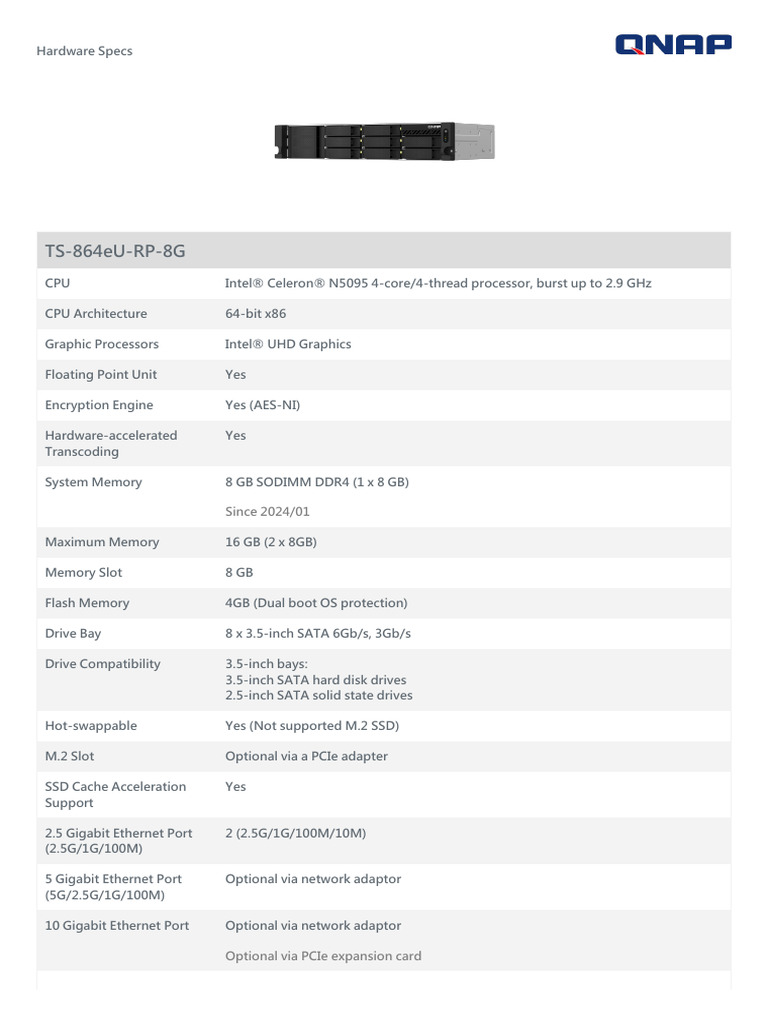 TS-864eU-RP-8G Hardware Specifications | PDF | Solid State Drive | Hdmi