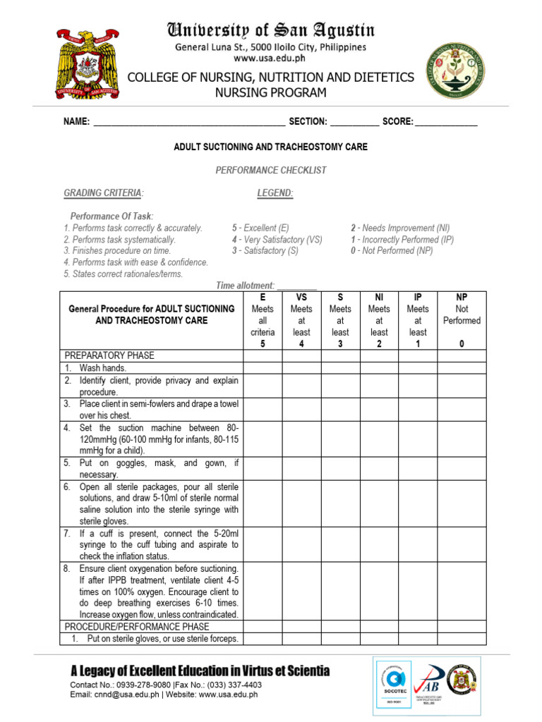 Adult Suctioning & Tracheostomy Care Checklist | PDF | Clinical Medicine