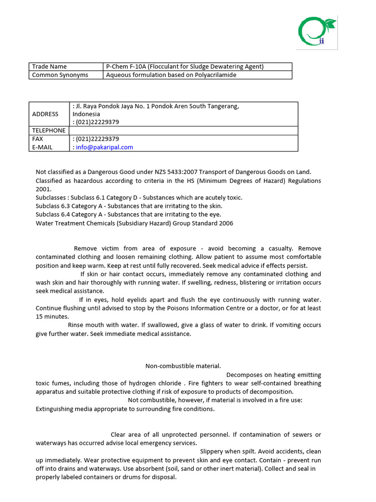 Anionic Polyacrylamide MSDS Summary | PDF | Particulates | Personal ...