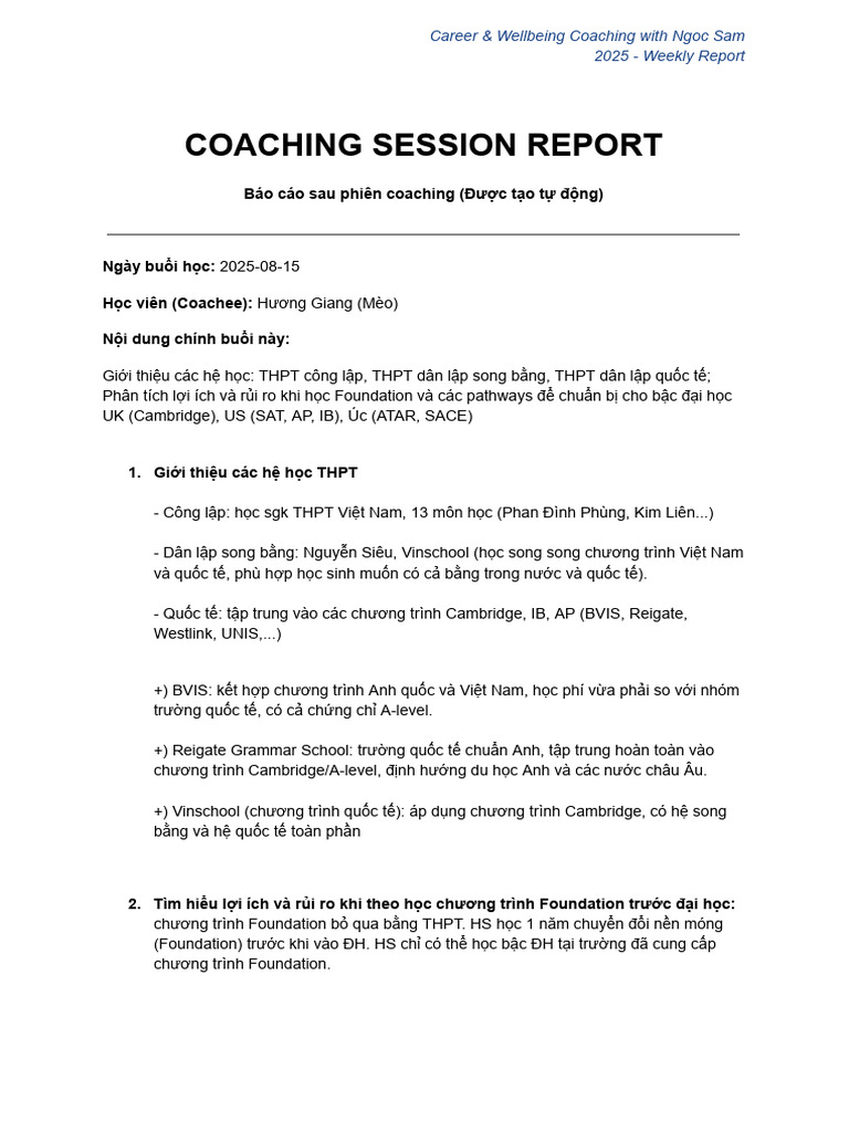 14 - 8 - 2025 Coaching Report | PDF