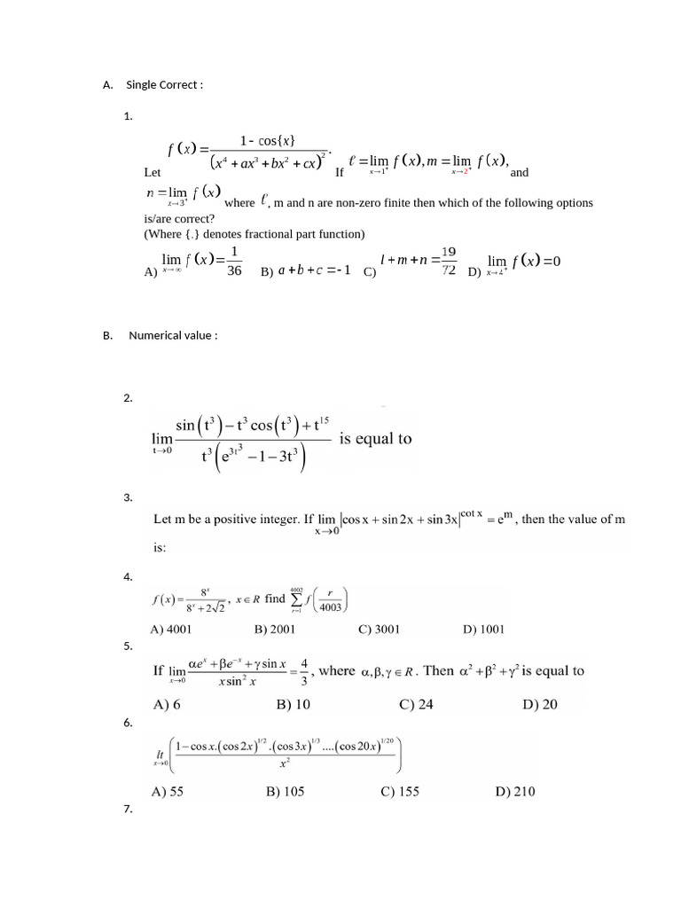 Single Correct Answers in Mathematics | PDF