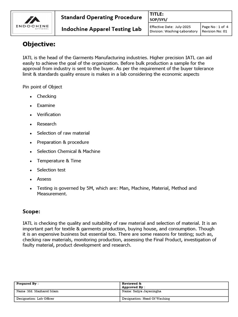 Indochine Apparel Lab Testing SOP | PDF | Textiles | Laboratories