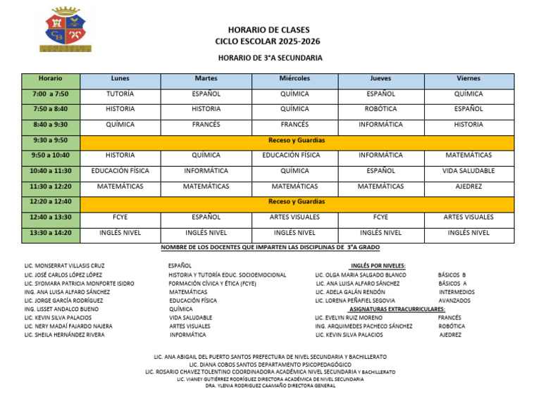 Horario Clases 3°A Secundaria 2025-2026 | PDF | Ciencias fisicas