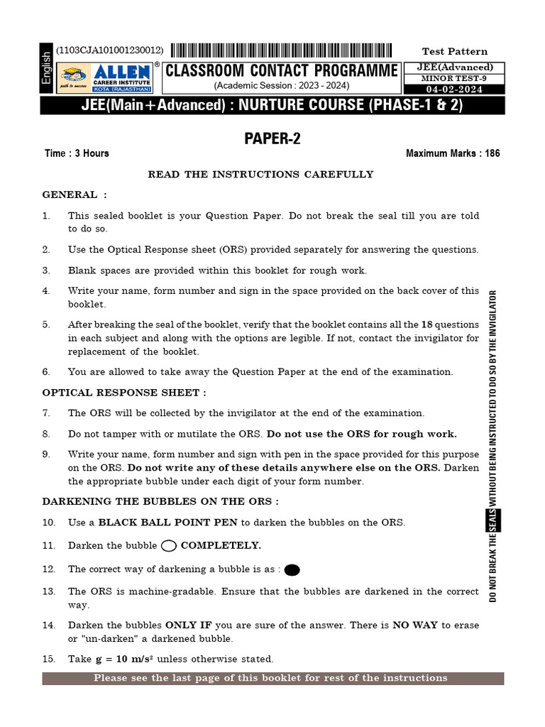 JEE Advanced Paper 2 Instructions 2024 | PDF | Gases | Physical Sciences