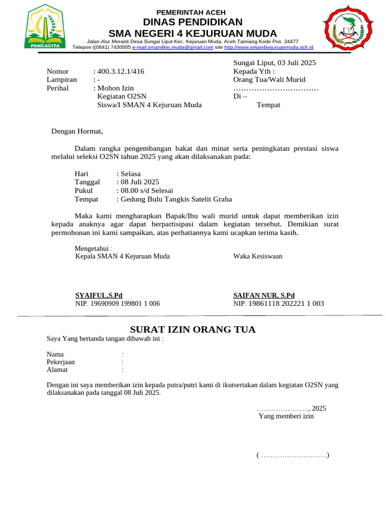 Izin Kegiatan O2SN SMAN 4 Kejuruan Muda | PDF