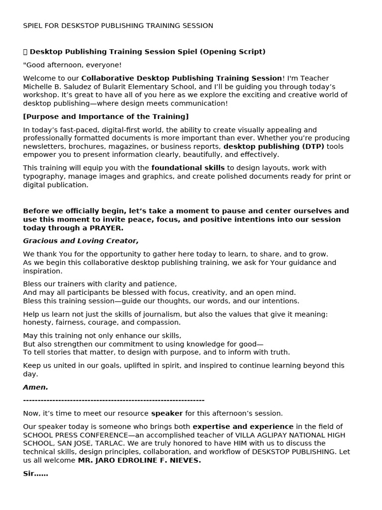 Spiel For Deskstop Publishing Training Session | PDF | Human Communication
