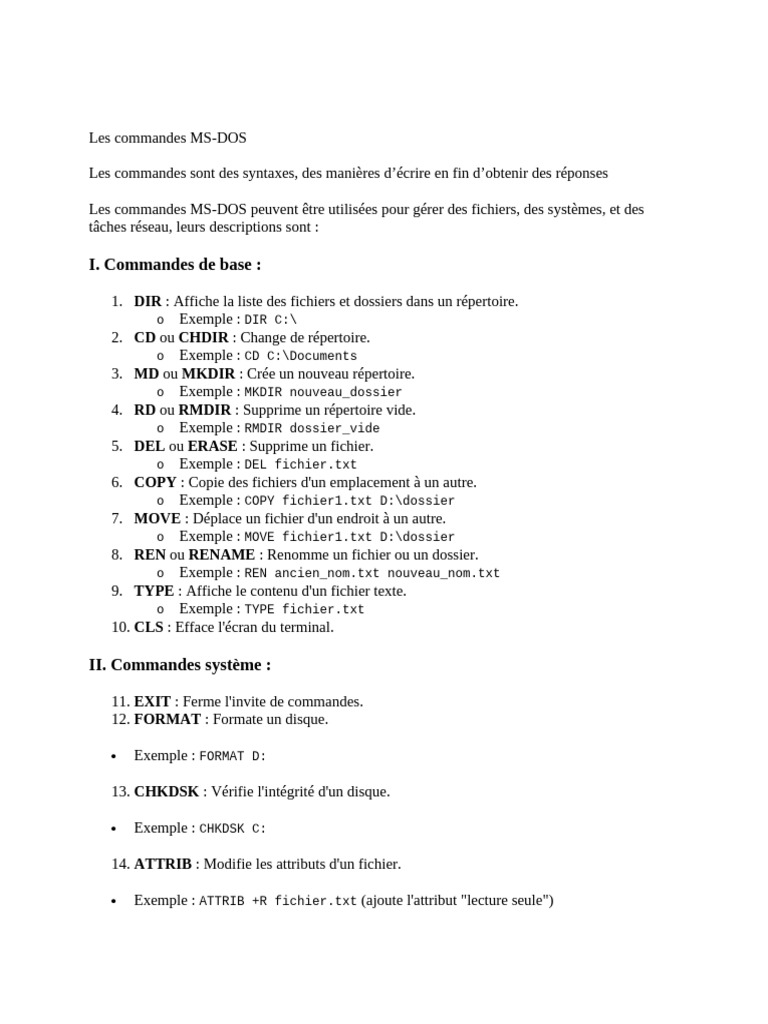 Commandes MS-DOS Essentielles et Utilisation | PDF | Fichier texte ...