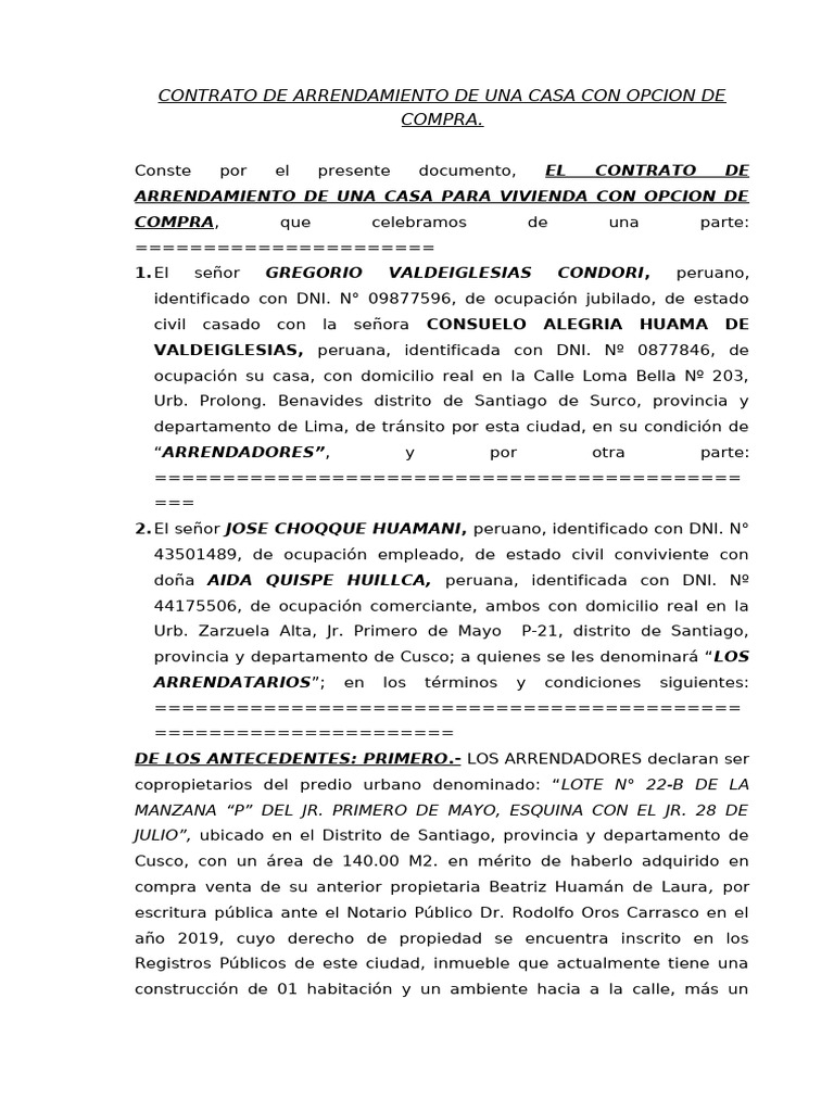 Contrato de Alquiler con Opción a Compra | PDF