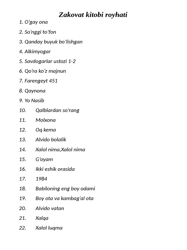 Zakovat Kitobi Ro'yhati PDF | PDF