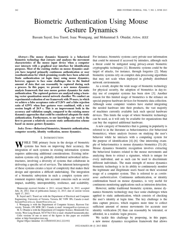 2013 Biometric Authentication Using Mouse Gesture Dynamics | PDF ...