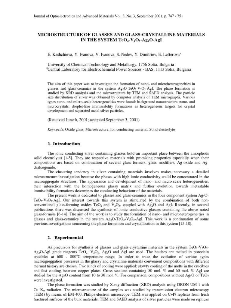 Microstructure of TeO2-V2O5-Ag Glasses | PDF | Microstructure | Glasses
