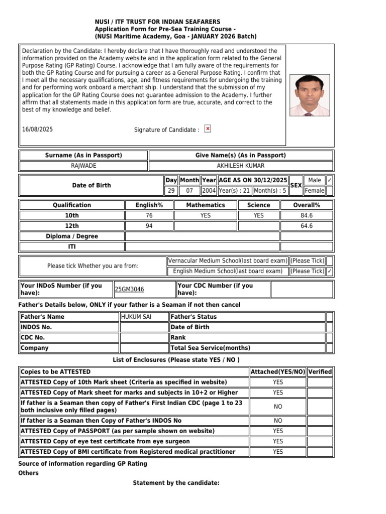 NUSI GP Rating Admission Form 2026 | PDF