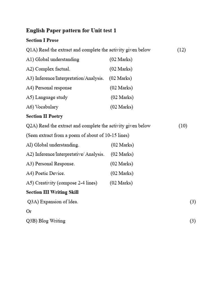 English Unit Test 1 Paper Pattern | PDF